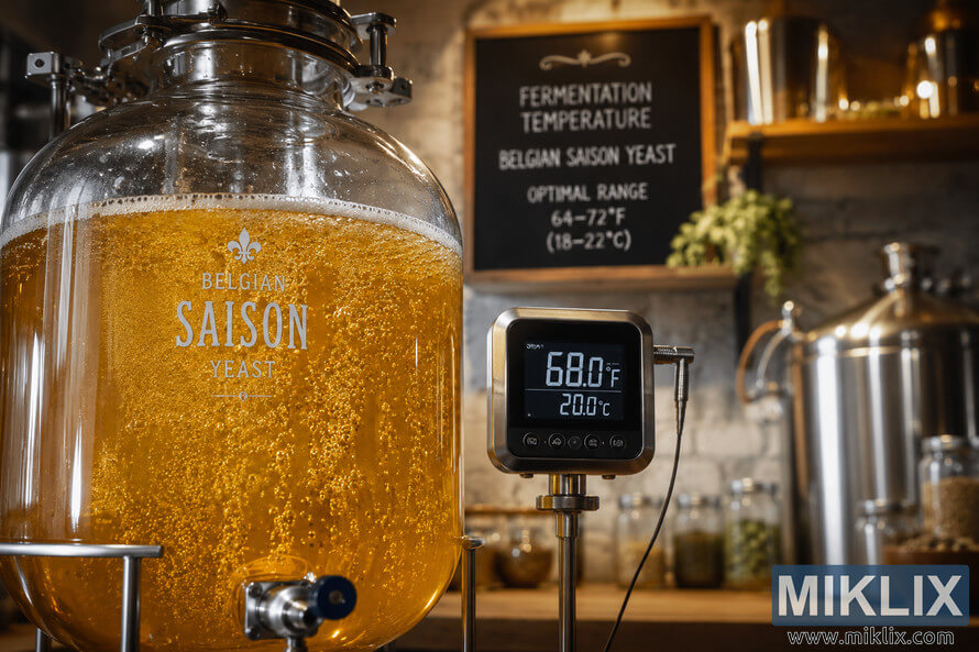 Glass fermentation vessel filled with golden Belgian Saison beer actively fermenting, bubbles rising beside a digital thermometer reading 68°F in a warm brewery setting with stainless steel brewing equipment and wooden shelves softly blurred in the background. Glass fermentation vessel filled with golden Belgian Saison beer actively fermenting, bubbles rising beside a digital thermometer reading 68°F in a warm brewery setting with stainless steel brewing equipment and wooden shelves softly blurred in the background.