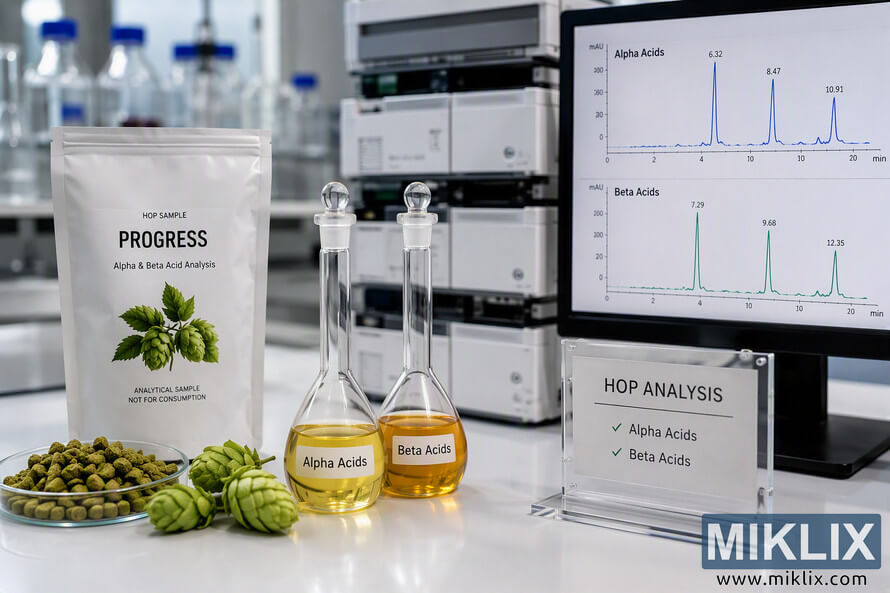 Modern laboratory scene showing Progress hop sample analysis. A white sample pouch labeled Progress is positioned beside hop cones, hop pellets, glass laboratory flasks containing alpha acid and beta acid extracts, and analytical instrumentation. A monitor displays chromatographic graphs for alpha acids and beta acids, illustrating chemical testing and quality control of hop compounds used in brewing and agricultural research. Modern laboratory scene showing Progress hop sample analysis. A white sample pouch labeled Progress is positioned beside hop cones, hop pellets, glass laboratory flasks containing alpha acid and beta acid extracts, and analytical instrumentation. A monitor displays chromatographic graphs for alpha acids and beta acids, illustrating chemical testing and quality control of hop compounds used in brewing and agricultural research.
