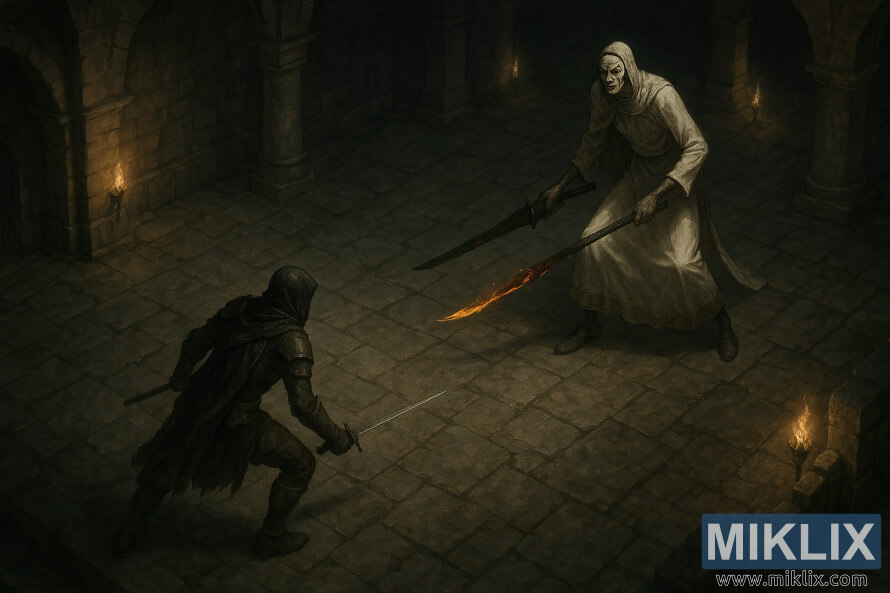 Egy realisztikus izometrikus jelenet, amelyben a Foltos a magas IstenbÅr Apostollal nÃ©z szembe egy fÃ¡klyÃ¡kkal megvilÃ¡gÃ­tott sÃ¶tÃ©t kÅkamrÃ¡ban.