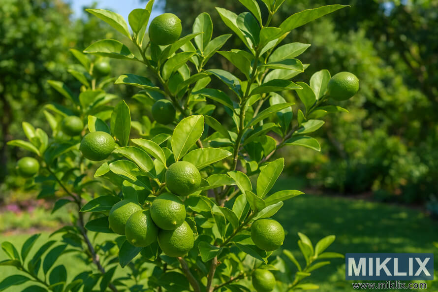 A vibrant key lime tree with ripening green fruit growing in a sunny garden