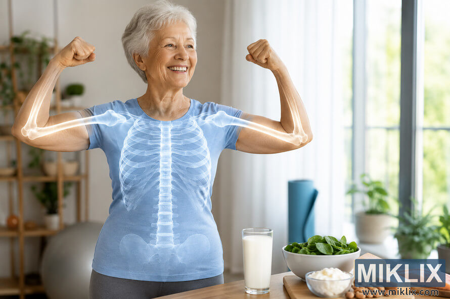 An elderly person smiles while flexing both arms during exercise in a bright indoor wellness setting. A semi-transparent skeleton overlay highlights strong, healthy bones, while nutritious foods including leafy greens, dairy products, almonds, and salmon are displayed nearby to symbolize the role of good nutrition in supporting bone health. An elderly person smiles while flexing both arms during exercise in a bright indoor wellness setting. A semi-transparent skeleton overlay highlights strong, healthy bones, while nutritious foods including leafy greens, dairy products, almonds, and salmon are displayed nearby to symbolize the role of good nutrition in supporting bone health.