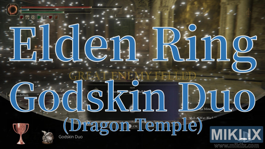 Elden Ring screenshot showing the defeat of the Godskin Duo in the Dragon Temple with “Great Enemy Felled” text and PlayStation trophy icons. Elden Ring screenshot showing the defeat of the Godskin Duo in the Dragon Temple with “Great Enemy Felled” text and PlayStation trophy icons.