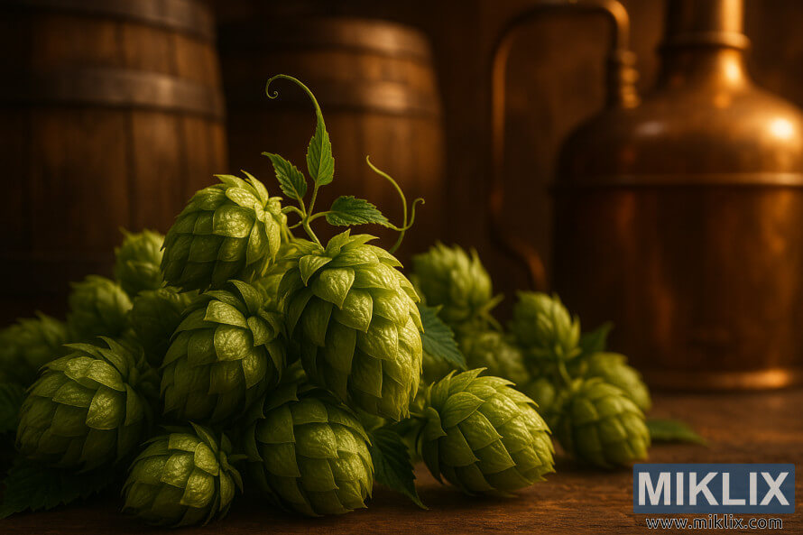 Yakima Cluster hop konuslarÄ±nÄ±n kÃ¶ntÃ¶y Ã§ÉllÉklÉr vÉ dÉmlÉmÉ alÉtlÉri ilÉ yaxÄ±ndan gÃ¶rÃ¼nÃ¼ÅÃ¼.