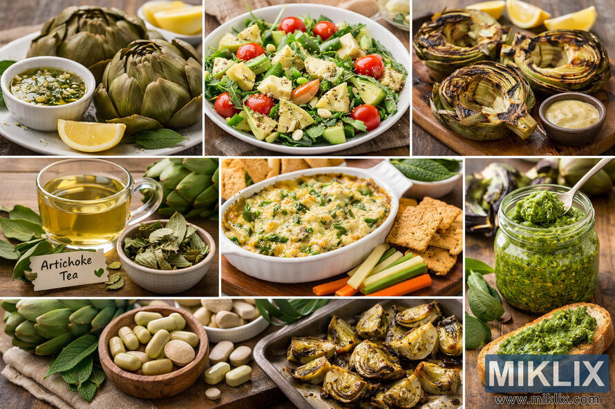 Landscape collage photograph showing multiple artichoke preparation methods, including steamed whole artichokes with herb dipping sauce. Landscape collage photograph showing multiple artichoke preparation methods, including steamed whole artichokes with herb dipping sauce.