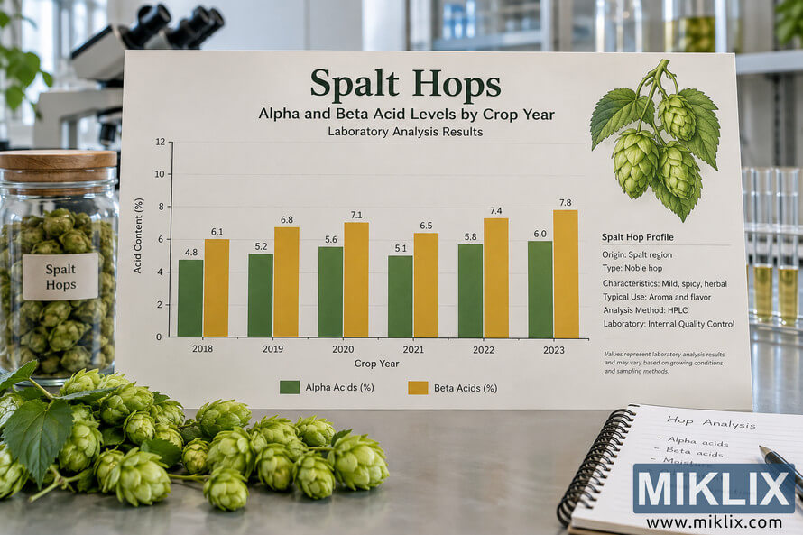 Realistic laboratory scene with a large Spalt hops analysis chart comparing alpha and beta acid percentages across crop years from 2018 to 2023, surrounded by hop cones, laboratory glassware, a microscope, and an analysis notebook. Realistic laboratory scene with a large Spalt hops analysis chart comparing alpha and beta acid percentages across crop years from 2018 to 2023, surrounded by hop cones, laboratory glassware, a microscope, and an analysis notebook.