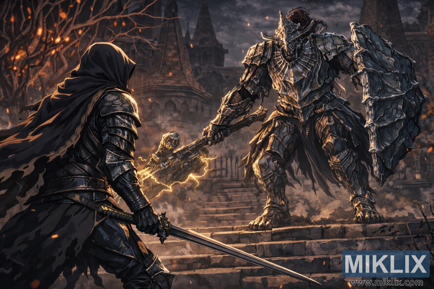 Anime-tyylinen synkkÃ¤ fantasiakohtaus, jossa huppupÃ¤inen panssaroitu soturi kohtaa takaapÃ¤in korkean, salamoilla heiluttavan ritarin raunioituneilla kiviportailla.