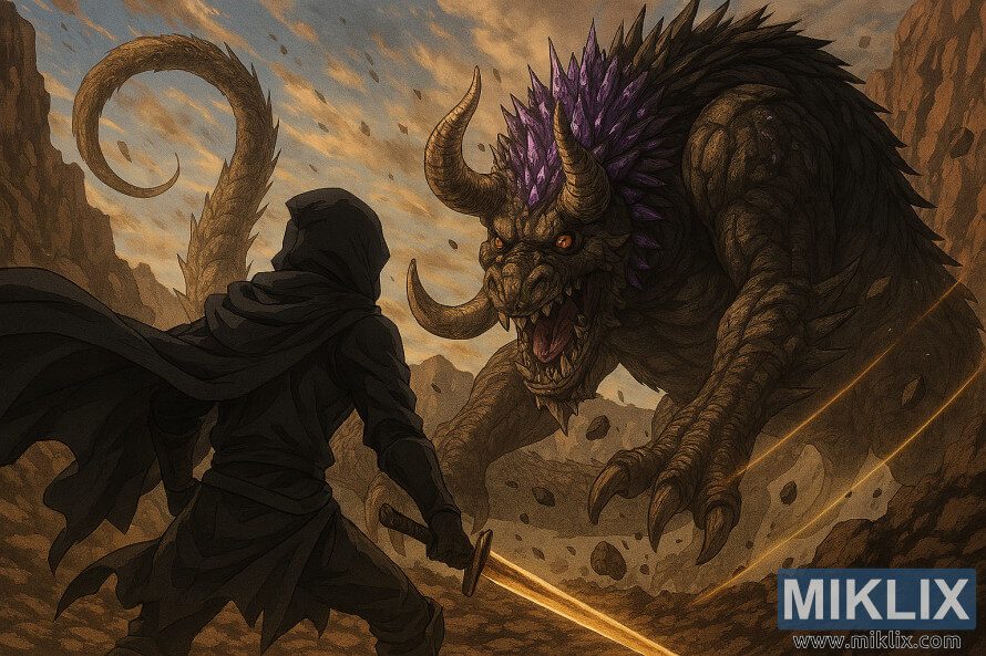 Fan-Art im Anime-Stil, die den Befleckten von hinten zeigt, wie er dem ausgewachsenen Fallingstar-Biest am Berg Gelmir gegenÃ¼bersteht.