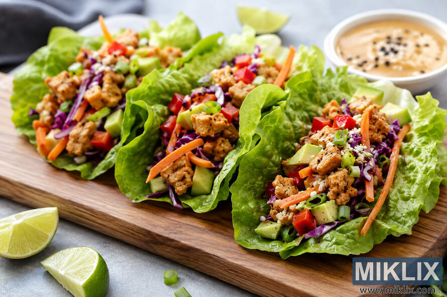 A high-resolution landscape photo of vibrant lettuce wraps filled with colorful healthy ingredients including tofu crumbles, shredded purple cabbage, carrots, avocado, green onions, sesame seeds, and diced vegetables, arranged on a wooden serving board with lime wedges and creamy dipping sauce in the background. A high-resolution landscape photo of vibrant lettuce wraps filled with colorful healthy ingredients including tofu crumbles, shredded purple cabbage, carrots, avocado, green onions, sesame seeds, and diced vegetables, arranged on a wooden serving board with lime wedges and creamy dipping sauce in the background.