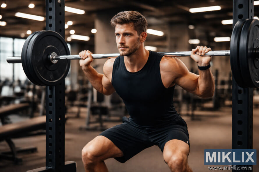 A muscular man in black workout gear performs a barbell back squat in a bright, modern gym with blurred equipment in the background.