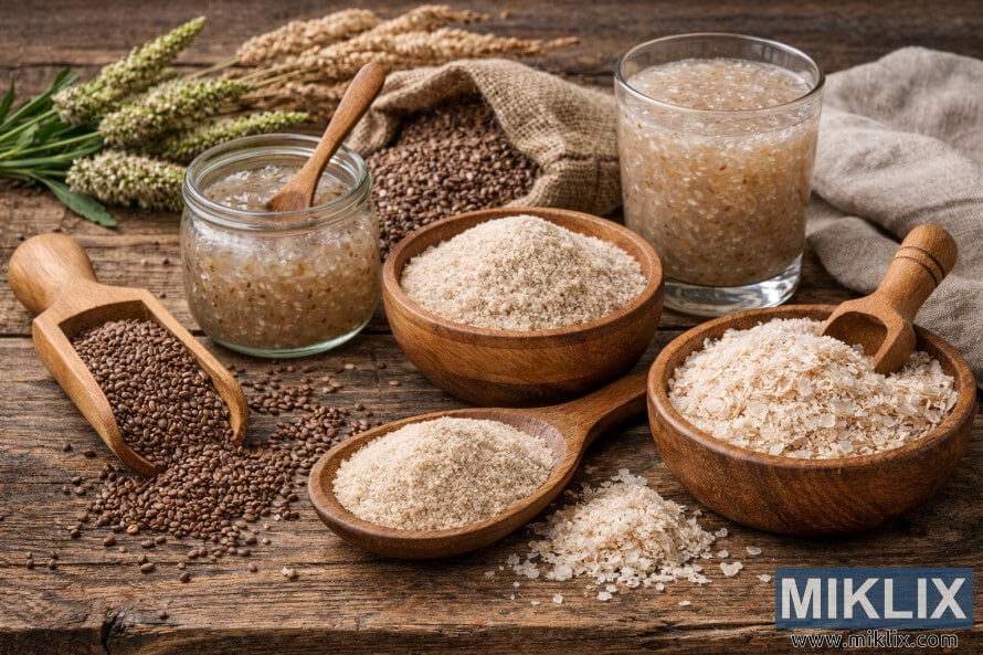 Diferentes formas de psyllium, incluidas semillas, polvo de cÃ¡scara, copos y gel, dispuestos sobre una mesa de madera rÃºstica con cuencos y palas de madera.