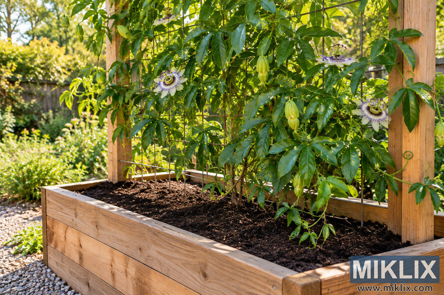 Raised wooden garden bed filled with dark soil and a lush passionflower vine climbing a wire trellis, with green leaves, buds, and white-purple flowers. Raised wooden garden bed filled with dark soil and a lush passionflower vine climbing a wire trellis, with green leaves, buds, and white-purple flowers.
