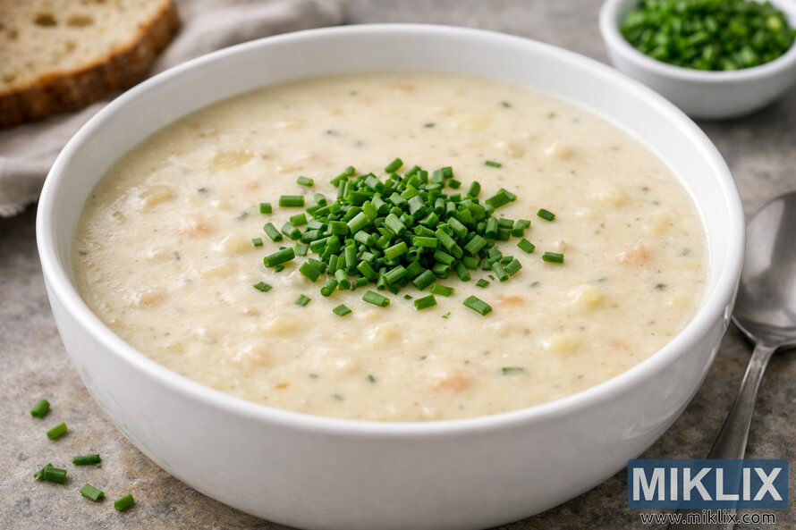 A creamy soup served in a white ceramic bowl, topped with finely chopped chives as garnish, with a spoon and bread in the background. A creamy soup served in a white ceramic bowl, topped with finely chopped chives as garnish, with a spoon and bread in the background.