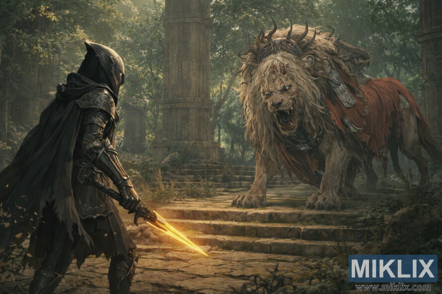 Anime-style fan art showing the Tarnished in Black Knife armor cautiously facing the Divine Beast Dancing Lion in the ancient forest ruins of Rauh, moments before combat begins. Anime-style fan art showing the Tarnished in Black Knife armor cautiously facing the Divine Beast Dancing Lion in the ancient forest ruins of Rauh, moments before combat begins.