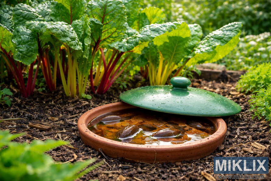 Terracotta organic slug trap filled with liquid placed in soil beside colorful Swiss chard plants in a lush vegetable garden.