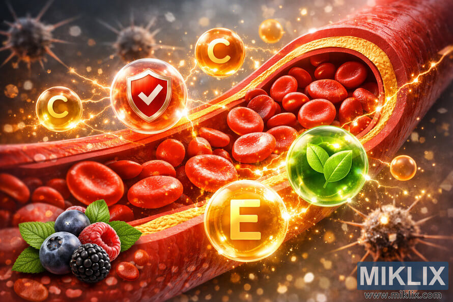 Digital medical illustration showing a healthy human artery in cross-section surrounded by glowing antioxidant spheres with symbols like leaves, shields, and letters C and E, with red blood cells flowing smoothly inside and dark spiky free radical molecules fading into the blurred background. Digital medical illustration showing a healthy human artery in cross-section surrounded by glowing antioxidant spheres with symbols like leaves, shields, and letters C and E, with red blood cells flowing smoothly inside and dark spiky free radical molecules fading into the blurred background.