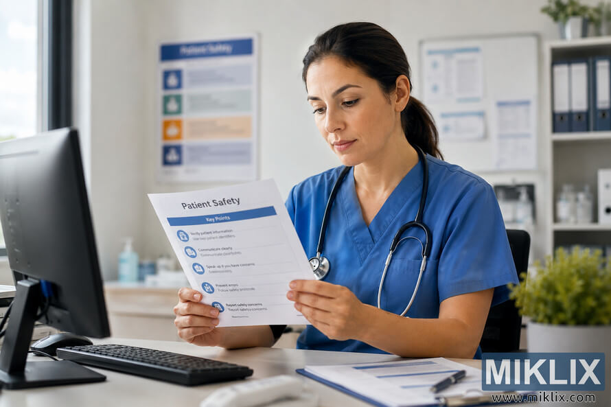 Healthcare professional in blue scrubs reviewing a patient safety document at a desk in a modern medical office with a computer, clipboard, and organized clinical environment. Healthcare professional in blue scrubs reviewing a patient safety document at a desk in a modern medical office with a computer, clipboard, and organized clinical environment.