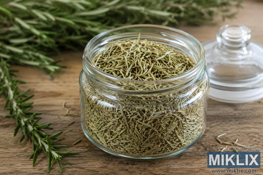 Landscape photograph of a clear glass jar filled with dried rosemary leaves on a rustic wooden table with the glass lid resting beside it, surrounded by fresh rosemary sprigs in soft natural light. Landscape photograph of a clear glass jar filled with dried rosemary leaves on a rustic wooden table with the glass lid resting beside it, surrounded by fresh rosemary sprigs in soft natural light.