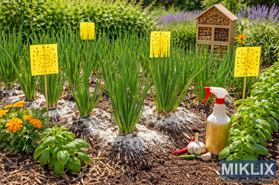 Rows of healthy scallions growing in a garden bed with organic pest prevention methods like sticky traps, companion plants, and natural treatments.
