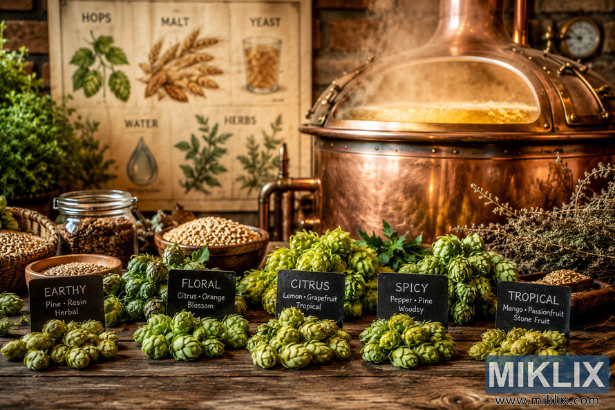 A rustic craft brewing scene with fresh green hop cones arranged on a wooden table beside labeled flavor profiles, a steaming copper brewing kettle filled with golden liquid, and softly blurred botanical illustrations of brewing ingredients in the background under warm, inviting lighting. A rustic craft brewing scene with fresh green hop cones arranged on a wooden table beside labeled flavor profiles, a steaming copper brewing kettle filled with golden liquid, and softly blurred botanical illustrations of brewing ingredients in the background under warm, inviting lighting.
