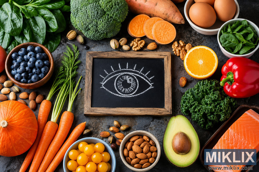 Top-down landscape image of a rustic chalkboard featuring a hand-drawn eye illustration surrounded by antioxidant-rich foods including spinach, kale, broccoli, blueberries, carrots, pumpkin, sweet potato, eggs, salmon, avocado, almonds, pistachios, walnuts, citrus fruit, and red bell peppers, symbolizing nutrition for healthy vision. Top-down landscape image of a rustic chalkboard featuring a hand-drawn eye illustration surrounded by antioxidant-rich foods including spinach, kale, broccoli, blueberries, carrots, pumpkin, sweet potato, eggs, salmon, avocado, almonds, pistachios, walnuts, citrus fruit, and red bell peppers, symbolizing nutrition for healthy vision.