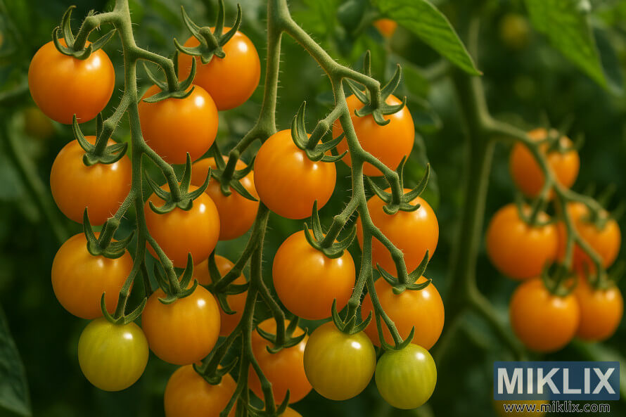 Nhá»¯ng chÃ¹m cÃ  chua bi Sungold chÃ­n má»ng treo trÃªn nhá»¯ng dÃ¢y leo xanh.