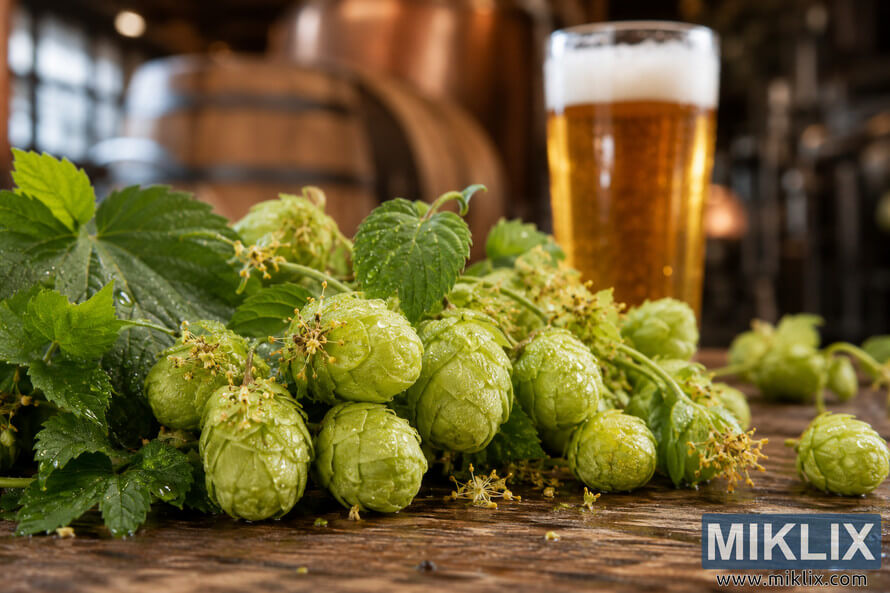 Close-up of fresh Canterbury Whitebine hops covered in dew on a rustic wooden table, with a softly blurred glass of golden beer and a warm brewery background featuring wooden barrels and brewing equipment.