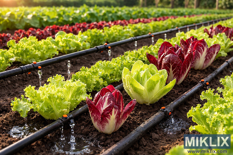 Landscape photo of a drip irrigation system watering rows of green and red endive plants in rich soil under warm natural light.