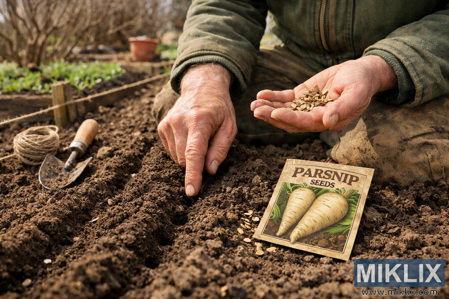 Close-up of a gardener planting parsnip seeds in rich soil in an early spring vegetable garden.