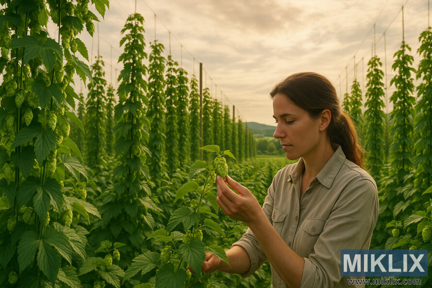 Botanik zkoumÃ¡ chmelovÃ© hlÃ¡vky na zelenÃ©m chmelnici Bobek pod zlatavÃ½m sluneÄnÃ­m svÄtlem, obklopenÃ½ vysokÃ½mi vinicemi a vzdÃ¡lenÃ½mi zvlnÄnÃ½mi kopci.