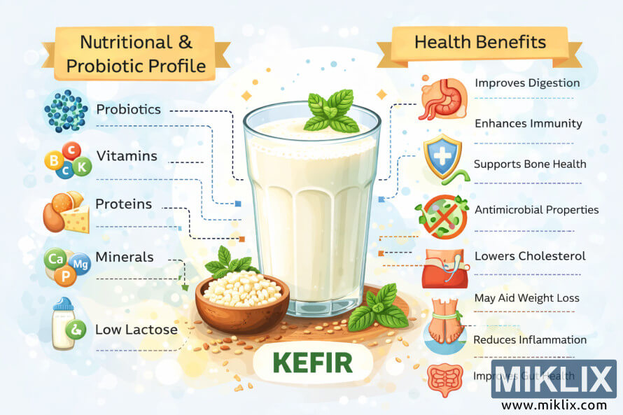 Å arena infografika koja prikazuje probiotike, hranjive tvari i zdravstvene prednosti kefira oko centralne ÄaÅ¡e kefira.
