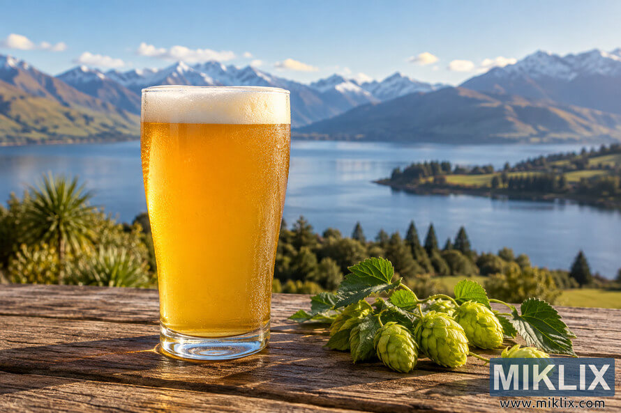 Unbranded glass of golden New Zealand-style pale ale with a foamy head and fresh green hop cones on a rustic wooden table, overlooking a blue lake and snow-dusted mountains. Unbranded glass of golden New Zealand-style pale ale with a foamy head and fresh green hop cones on a rustic wooden table, overlooking a blue lake and snow-dusted mountains.