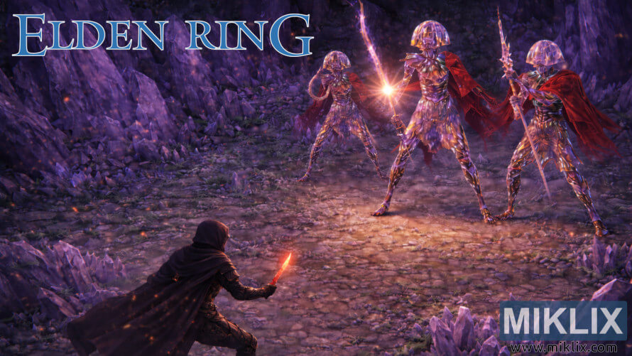 Fan art of Elden Ring battle in Sellia Hideaway: Black Knife armor vs Putrid Crystalian Trio