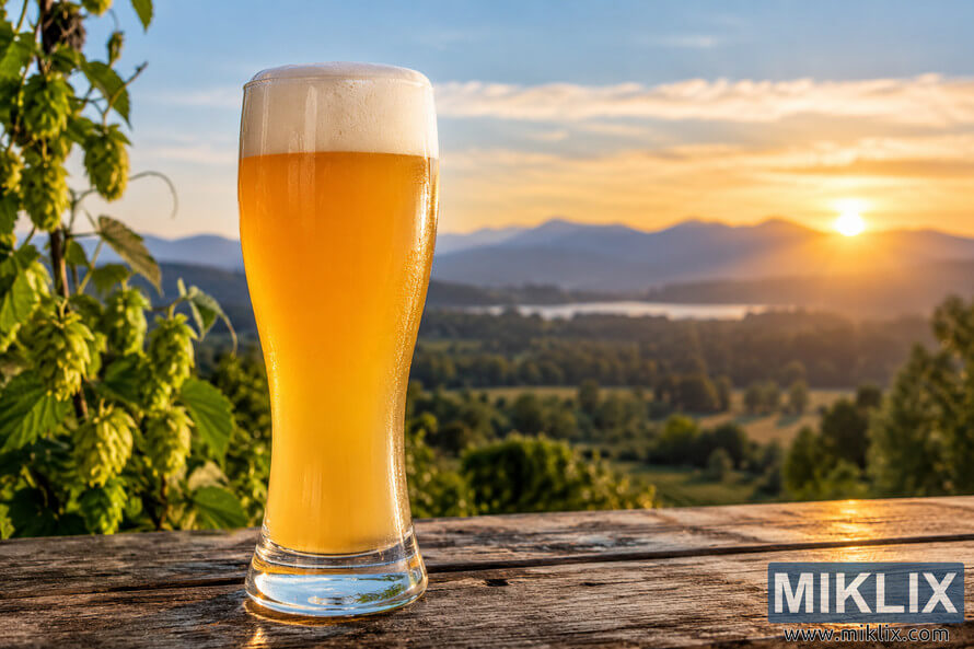 Tall unbranded glass of hazy golden homebrewed hefeweizen with a thick white foam head on a rustic wooden table, framed by green hop-like plants and a softly focused countryside, mountains, and glowing sunset. Tall unbranded glass of hazy golden homebrewed hefeweizen with a thick white foam head on a rustic wooden table, framed by green hop-like plants and a softly focused countryside, mountains, and glowing sunset.