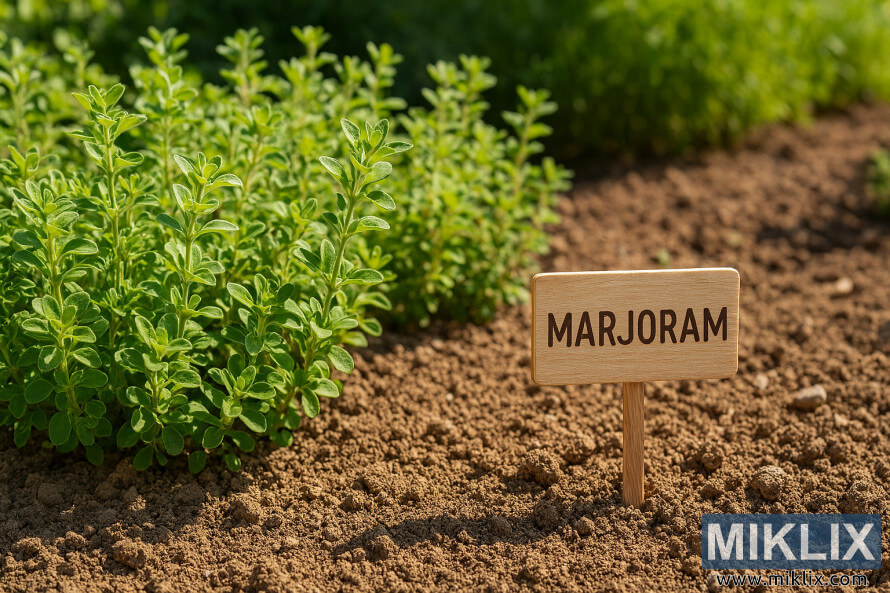 Des plantes de marjolaine poussant dans un parterre ensoleillÃ© avec un sol bien drainÃ© et une enseigne en bois