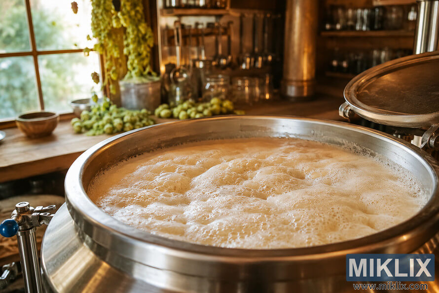 A landscape-oriented close-up of an actively fermenting Berliner Weisse inside a stainless steel fermentation vessel, with thick creamy foam covering the surface. Warm natural light fills a cozy artisanal brewing workspace where brewing tools, glassware, and fresh hops softly blur into the background. A landscape-oriented close-up of an actively fermenting Berliner Weisse inside a stainless steel fermentation vessel, with thick creamy foam covering the surface. Warm natural light fills a cozy artisanal brewing workspace where brewing tools, glassware, and fresh hops softly blur into the background.