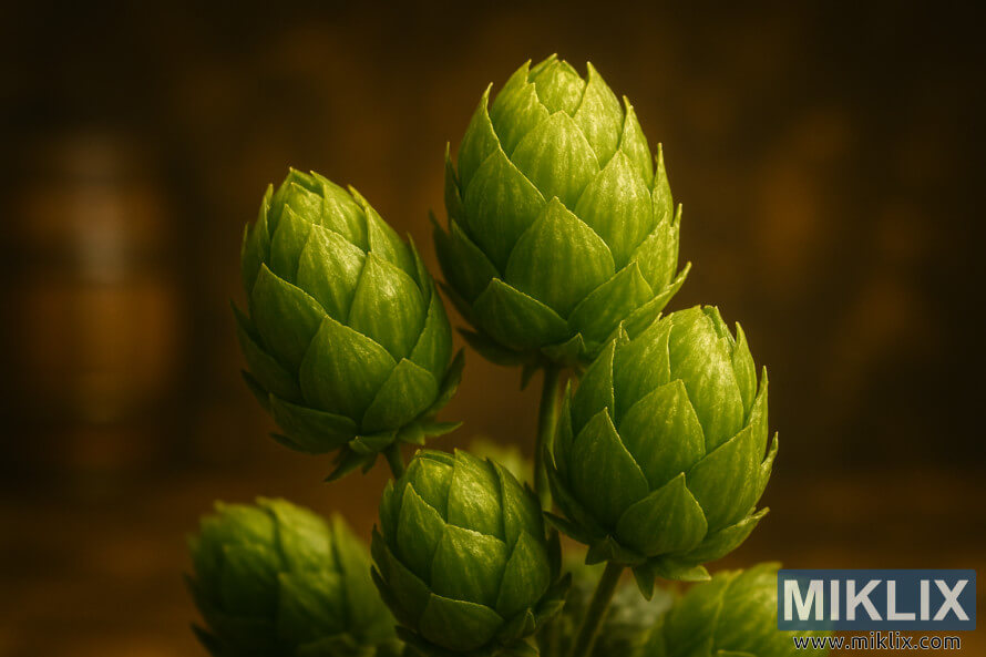 Close-up of fresh Hersbrucker hop cones glowing green under golden light with blurred background highlighting texture.