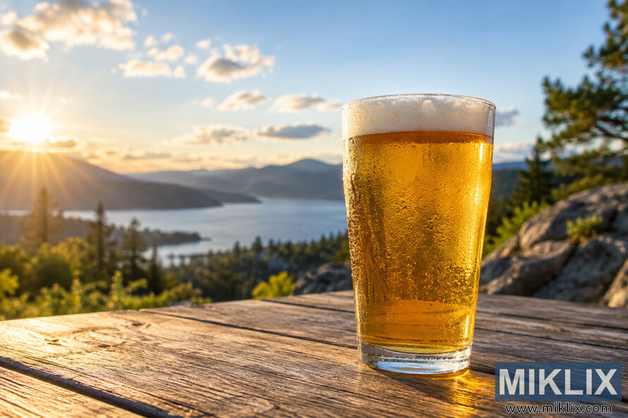 Unbranded pint of chilled golden pale ale covered in condensation on a rustic wooden table, overlooking a blue mountain lake, evergreen forest, and distant hills as the sun sets in a clear golden-hour sky.