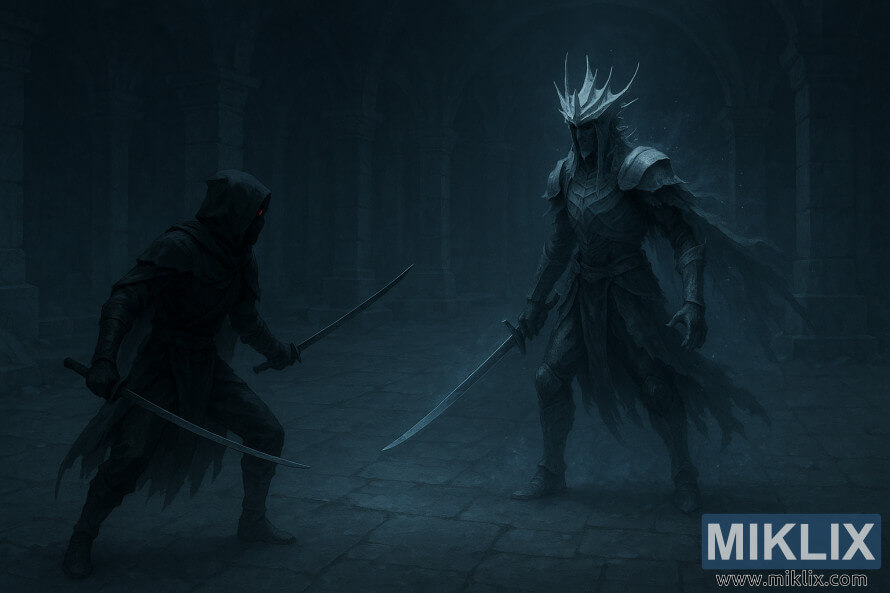 Una escena de fantasÃ­a oscura en la que un asesino del Cuchillo Negro se enfrenta al HÃ©roe Antiguo de Zamor en un gran salÃ³n de piedra azul grisÃ¡ceo y frÃ­o.