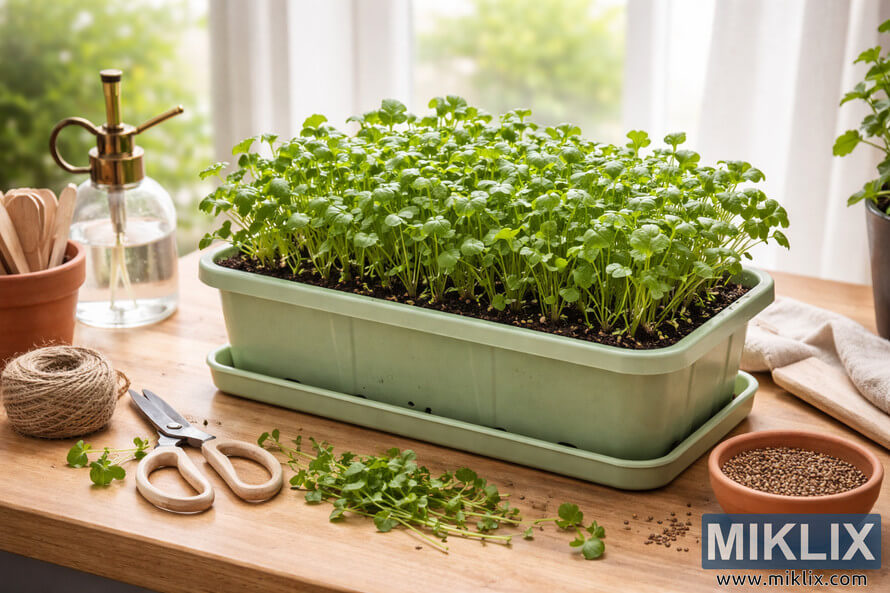 Rectangular container filled with dense green watercress growing on a wooden countertop with gardening tools, seeds, and soft daylight from a window.