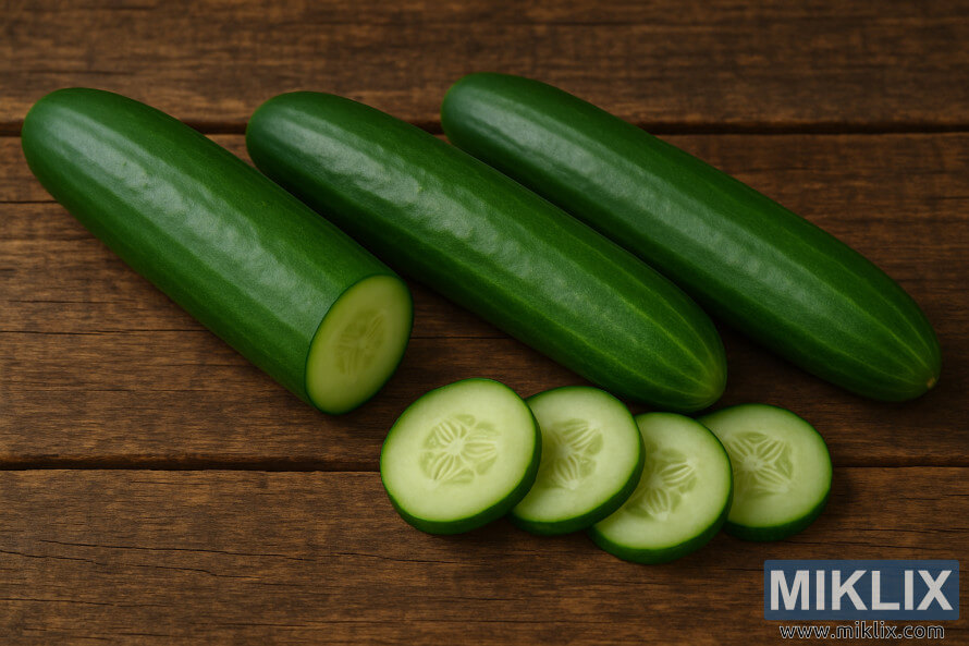 HosszÃº, sima uborka Ã©s szeletek egy rusztikus, fÃ¡bÃ³l kÃ©szÃ¼lt asztalon elrendezve.