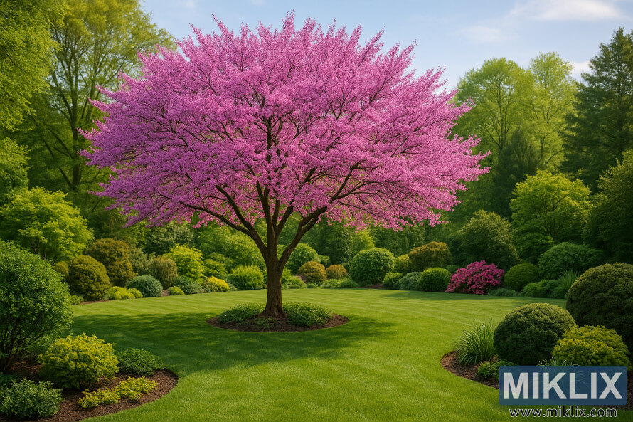 Un Ã©clatant redbud aux fleurs roses se dresse au centre dâun jardin paysager entourÃ© de verdure luxuriante et de pelouses bien entretenues.