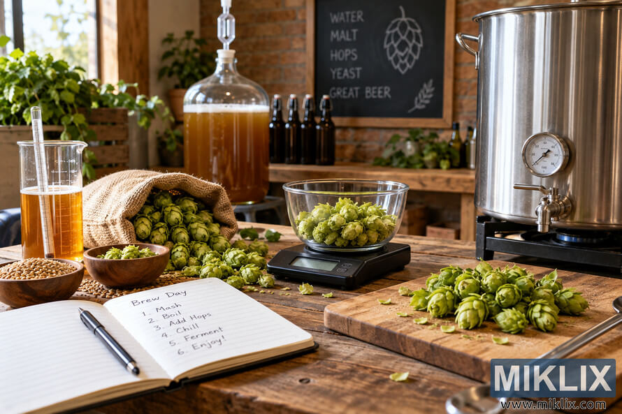 Rustic homebrewing workspace with a stainless-steel brewing kettle, fresh green hops being weighed on a digital scale, brewing grains, glassware, a fermenting carboy, bottles, and an open brew-day notebook on a wooden table.