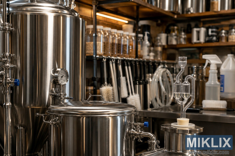 Close-up view of a meticulously sanitized brewery workspace for sour beer production, featuring polished stainless steel fermenters, a brewing kettle, organized cleaning supplies, fermentation airlock, and warm ambient lighting in a professional brewing environment.