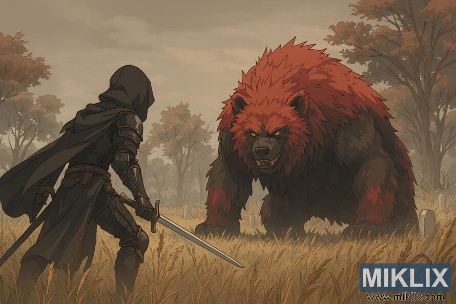 Anime-style image of Tarnished in Black Knife armor facing Rugalea the Great Red Bear in Rauh Base