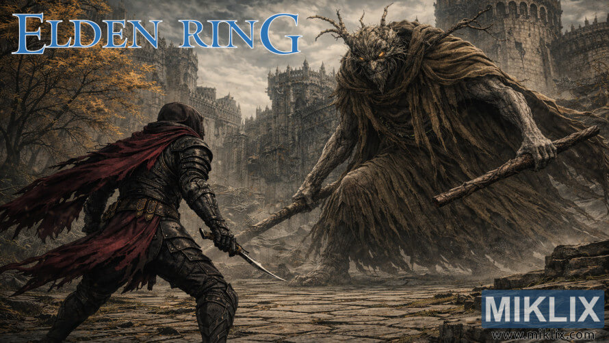 Dark fantasy fan art of a Black Knife armored warrior confronting Margit the Fell Omen in the ruined courtyard of Stormveil Castle.