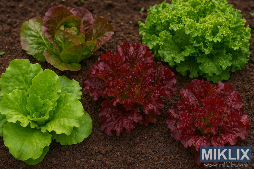 Four types of lettuce growing in rich soil: green leaf, red leaf, red butterhead, and curly green.