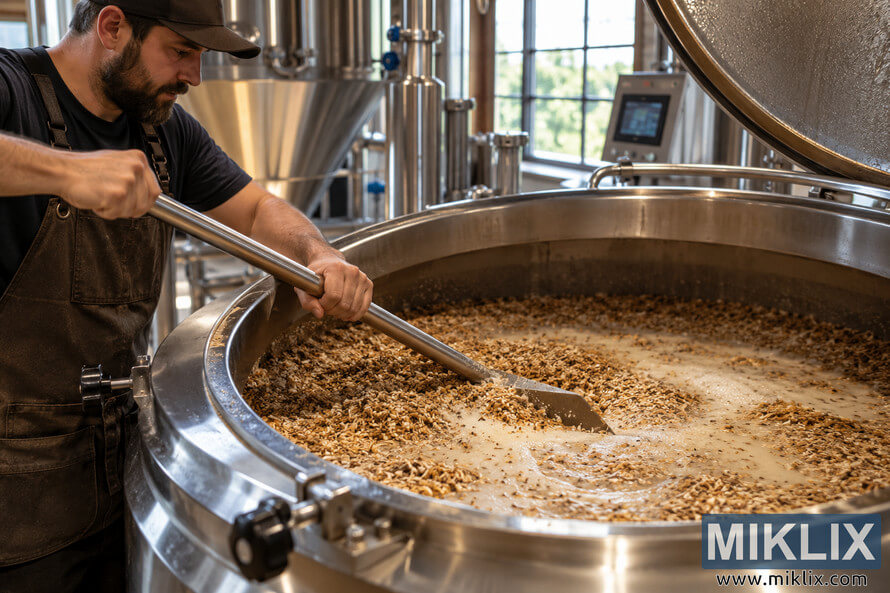 Brewery worker stirring crushed malt and warm liquid in a large stainless-steel mash tun during the grain mashing stage of the brewing process. Brewery worker stirring crushed malt and warm liquid in a large stainless-steel mash tun during the grain mashing stage of the brewing process.