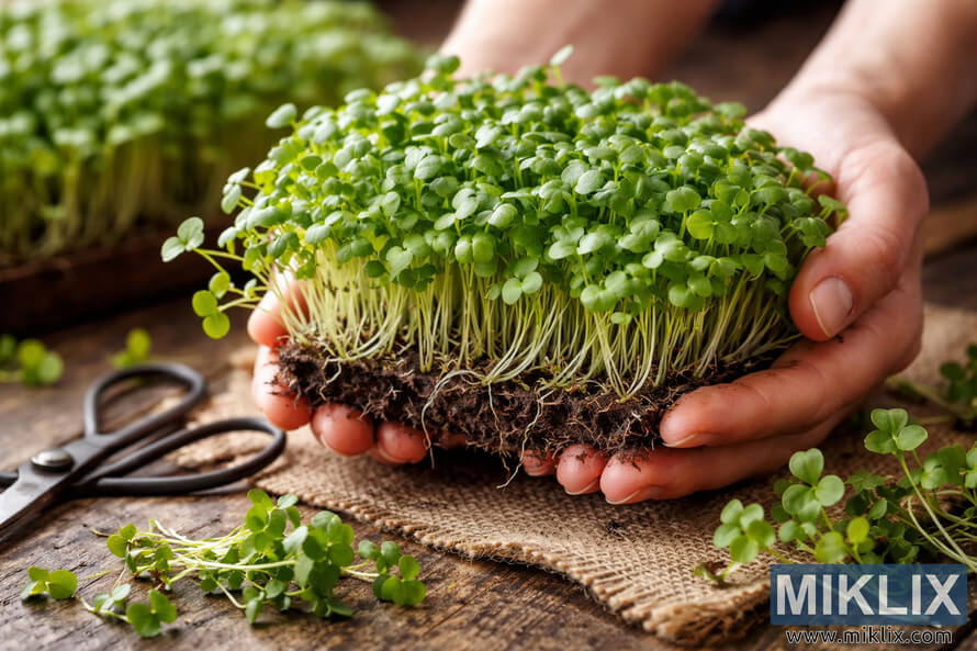 Hands holding a fresh cluster of young mustard microgreens with visible roots and soil on a rustic wooden table beside garden scissors.
