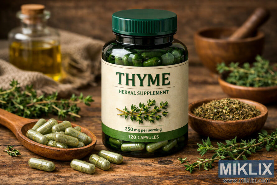Landscape photo of a dark green bottle of thyme herbal supplement capsules on a rustic wooden surface, surrounded by a wooden spoon filled with light green translucent capsules, a small wooden bowl of dried thyme leaves, fresh thyme sprigs, a glass bottle of golden oil, burlap cloth, and a blurred wooden mortar and pestle in the background. Landscape photo of a dark green bottle of thyme herbal supplement capsules on a rustic wooden surface, surrounded by a wooden spoon filled with light green translucent capsules, a small wooden bowl of dried thyme leaves, fresh thyme sprigs, a glass bottle of golden oil, burlap cloth, and a blurred wooden mortar and pestle in the background.