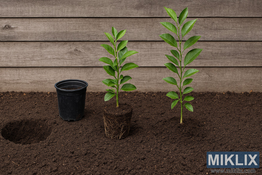Four stages of planting a lime tree showing hole preparation, root ball placement, and soil backfill